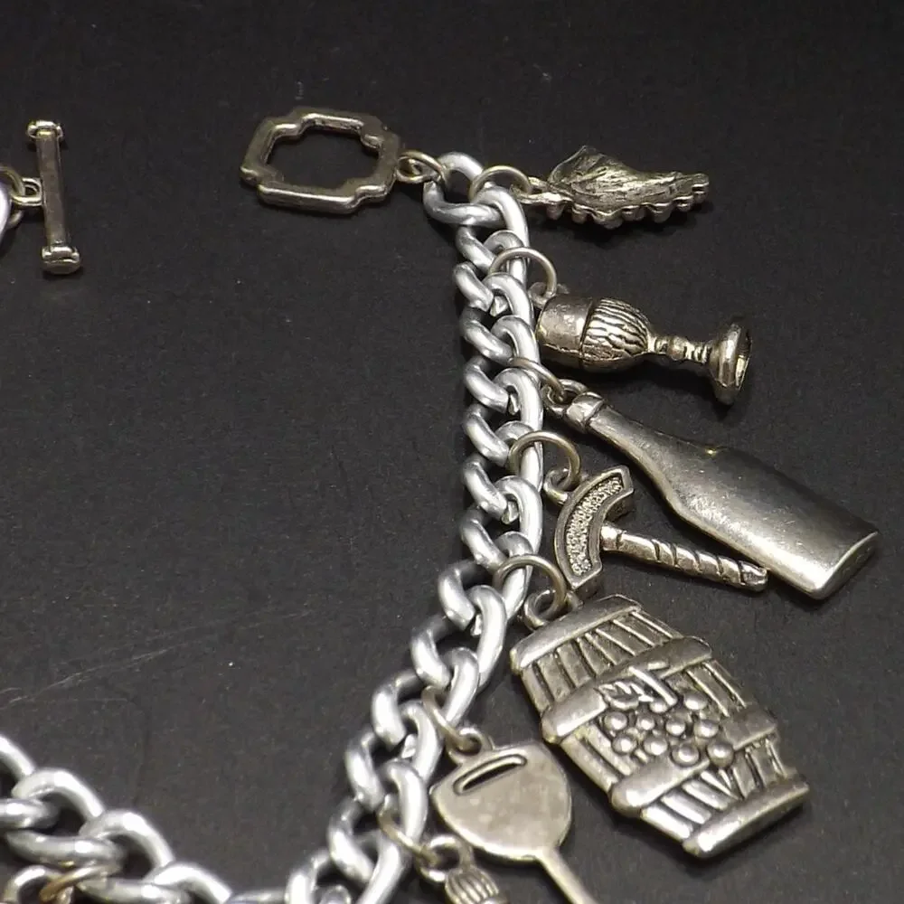 Vintage Wine Lovers Charm Bracelet, Sixteen Wine Related Charms